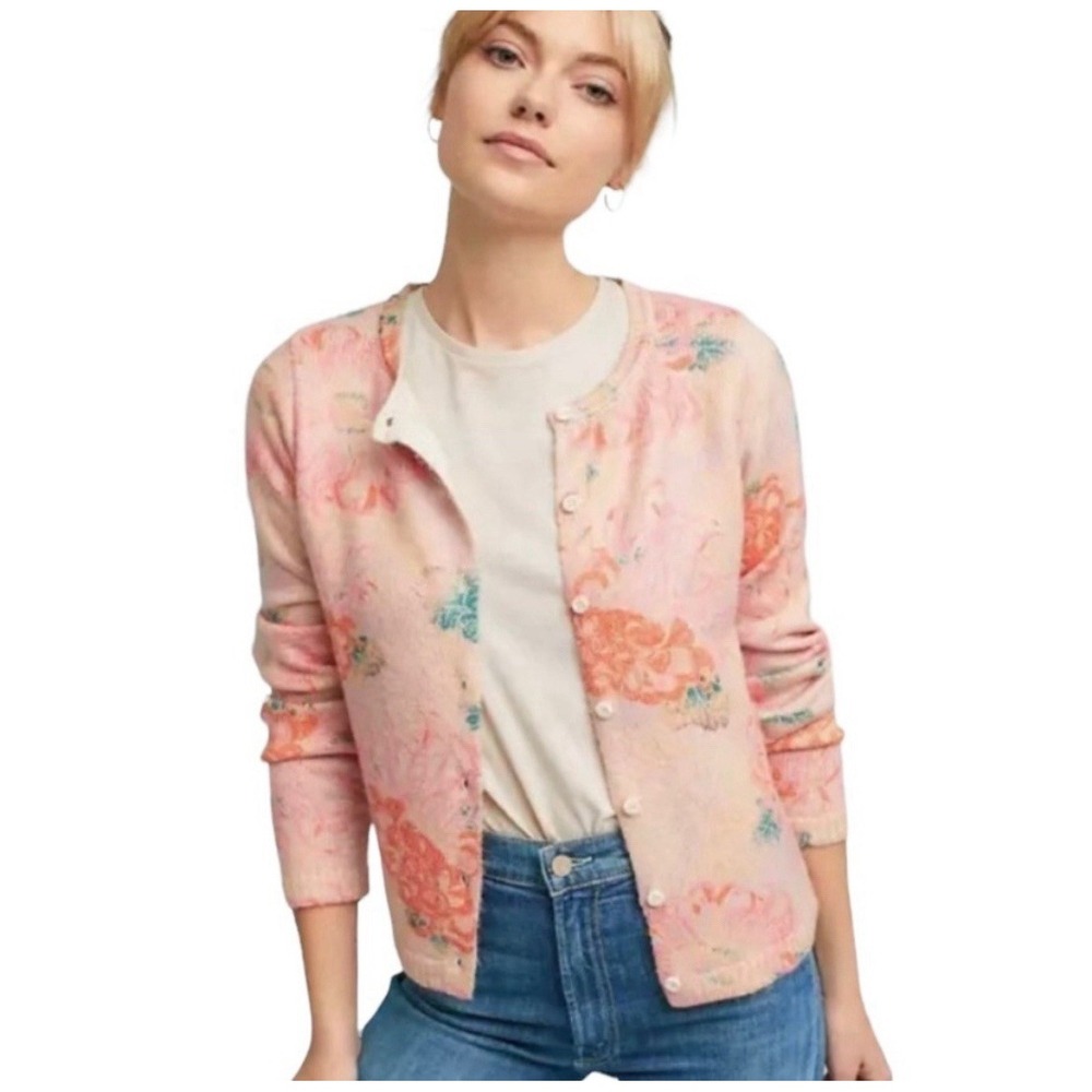 Anthropologie Postmark Devon Floral Cardigan Sweater Size Small Pink Cream